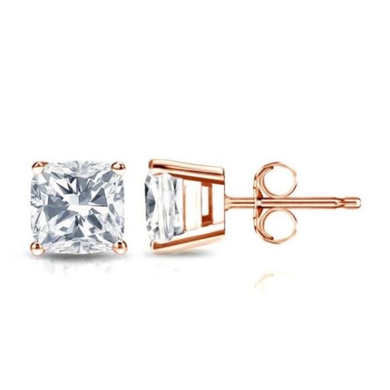 Bright White Pristine Cushion Lab Grown Diamond Stud in 14K Rose Gold 2.10ct, Color-GH,Clarity-VS