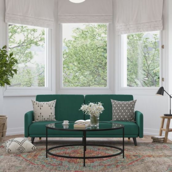 Convertible Split Back Futon Sofa Sleeper with Wooden Legs in Emerald Velvet