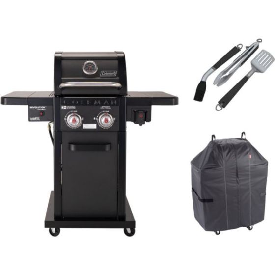 Revolution Grilling Kit with 2-Burner Propane Gas BBQ Grill, Heavy-Duty Cover, and 3-Piece Tool Set