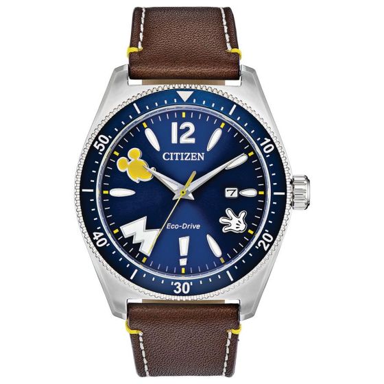 Vintage Mickey Mouse Eco-Drive Watch, Brown Strap with Blue Dial and Yellow Accents