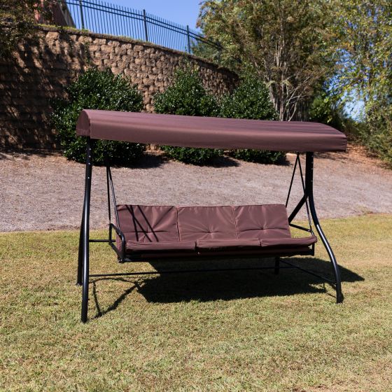 3-Seat Outdoor Steel Converting Patio Swing and Bed Canopy Hammock in Maroon