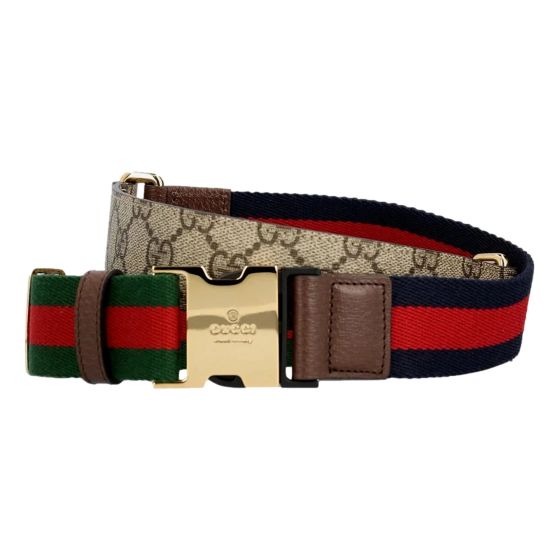 Gucci Supreme Canvas Dual Webstripe Gold Tone Buckle Belt 85