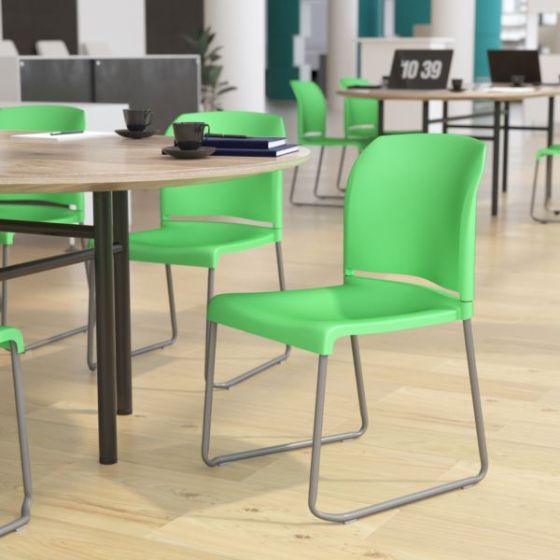 880 lb. Capacity Green Full Back Contoured Stack Chair with Sled Base