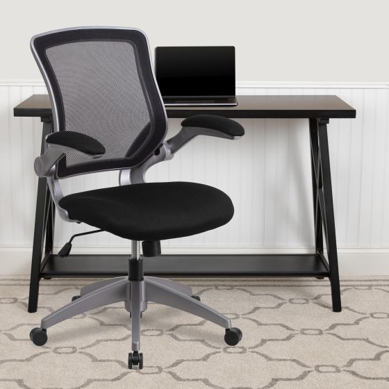 Mid-Back Black Mesh Ergonomic Task Office Chair with Gray Frame and Flip-Up Arms