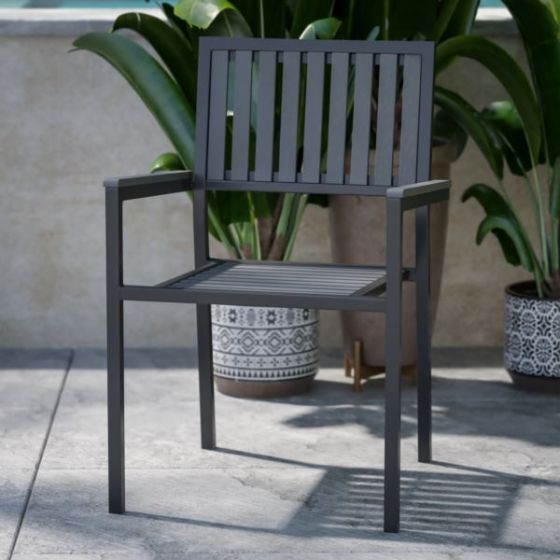 Indoor/Outdoor Black Patio Club Chair with Poly Resin Back and Seat Slats-2 Pack