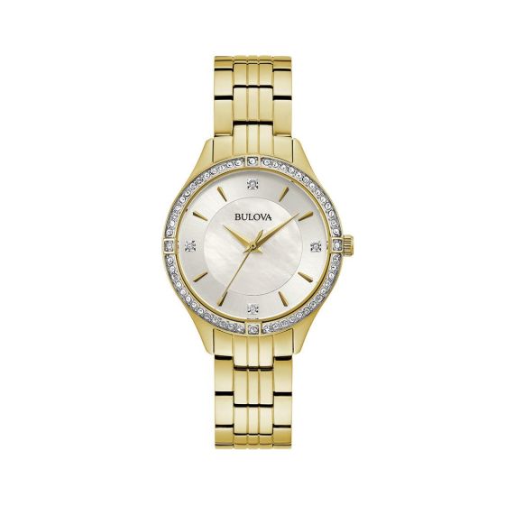 Gold-tone stainless steel case and bracelet with white mother-of-pearl dial featuring 60 crystals. Watch features a flat mineral crystal, three-hand quartz movement, and water resistance to 30 meters.