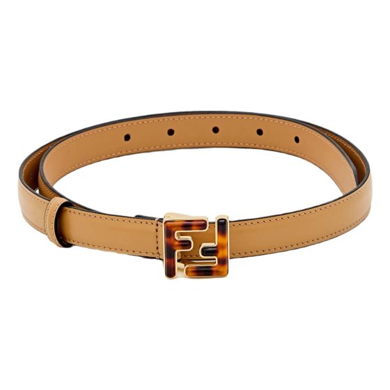 Fendi FF Skinny Tan Brown Leather Belt Tortoise Shell Buckle 95