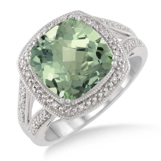 Green Amethyst & Diamond Ring Size 8
