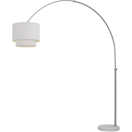Arched Floor Lamp in Brushed Nickel with Adjustable Height/Width, White Marble Base, and 2-Tiered Fa