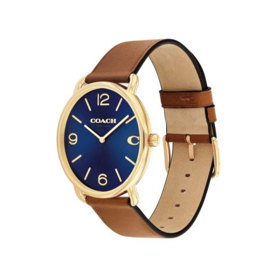 Mens' Elliot Gold & Brown Leather Strap Watch Navy Dial