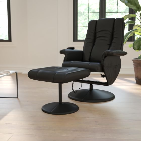 Massaging and Heat Controlled Recliner & Ottoman Set in Black LeatherSoft