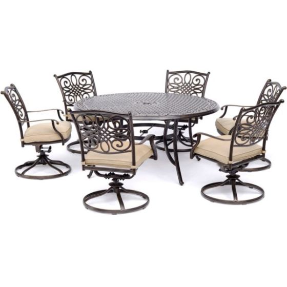 Traditions 7-Piece Dining Set in Tan with a 60 In. Round Cast-top Table and Six Swivel Rockers