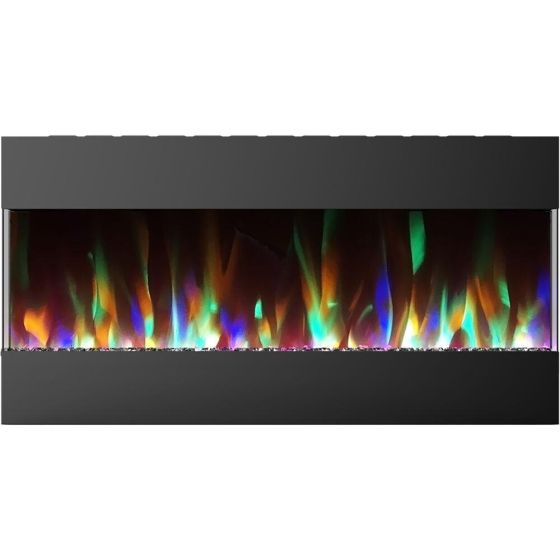 42 In. Recessed Wall Mounted Electric Fireplace with Crystal and LED Color Changing Display, Black