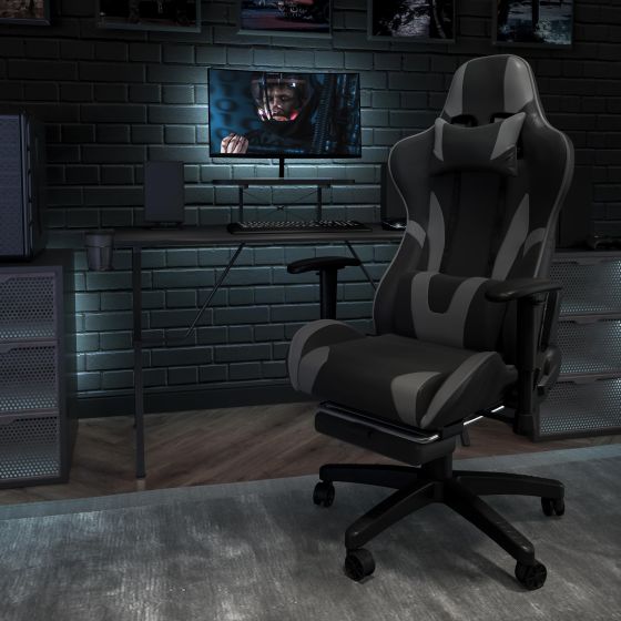 Racing Gaming Ergonomic Chair with Fully Reclining Back in Gray LeatherSoft