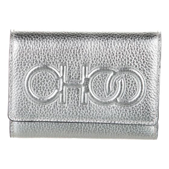 Jimmy Choo Loni Silver Leather Embossed Logo Tri-Fold Card Case Wallet