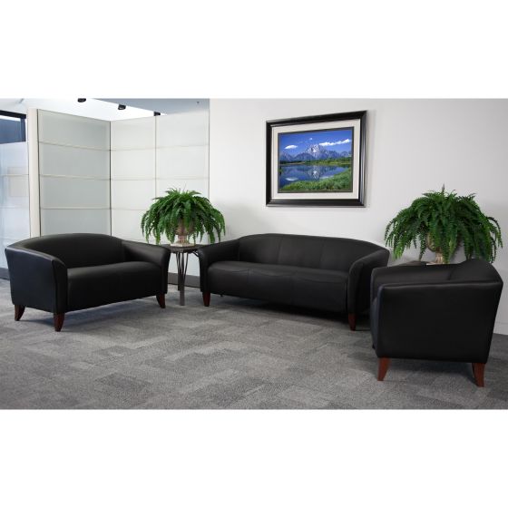 Black LeatherSoft Chair with Cherry Wood Feet - Lobby or Guest Seating