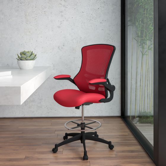 Mid-Back Red Mesh Ergonomic Drafting Chair with Foot Ring and Flip-Up Arms
