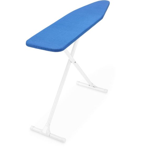 Deluxe T-Leg Ironing Board with Perforated Metal Top, White Frame, and Padded Blue Cover