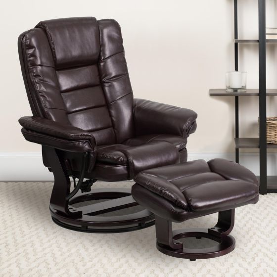Brown LeatherSoft Multi-Position Recliner &Ottoman w/Swivel Mahogany Wood Base