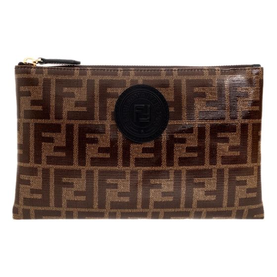 Fendi FF Zucca Brown Coated Canvas Flat Zipper Pouch Clutch