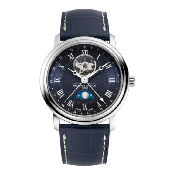 Men's Classic Heart Beat Moonphase Date Navy Leather Strap Watch Navy Dial