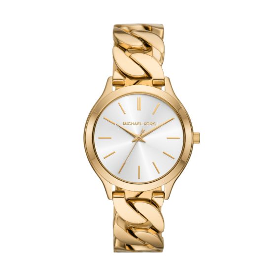 Ladies Slim Runway Gold-Tone Stainless Steel Curb-Link Watch Silver Dial