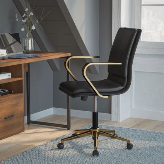 Designer Executive Swivel Office Chair with Brushed Gold Arms and Base, Black
