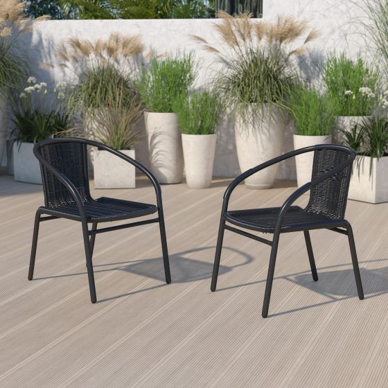 2 Pack Black Rattan Indoor-Outdoor Restaurant Stack Chair with Curved Back