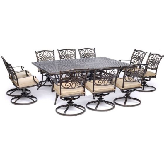 Traditions 11-Piece Dining Set in Tan with Ten Swivel Rockers and an Extra-Long Dining Table