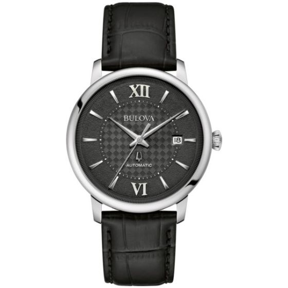 Men's Hudson Automatic Black Leather Strap Watch Black Basketweave Dial