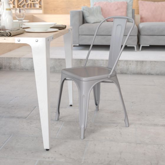 Silver Metal Indoor-Outdoor Stackable Chair - Restaurant Chair - Bistro Chair