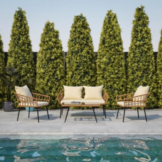 All-Weather 4 Piece Rope Rattan Patio Seating Set with Cushions - Natural/Cream