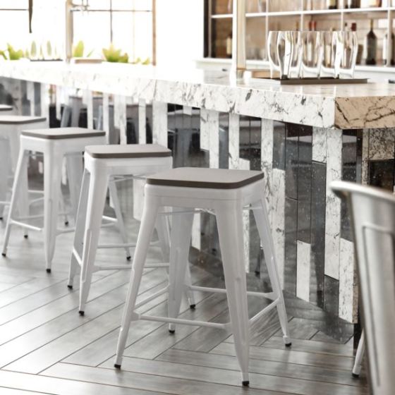 Indoor/Outdoor Backless Counter Stool with Poly Seat - White/Gray
