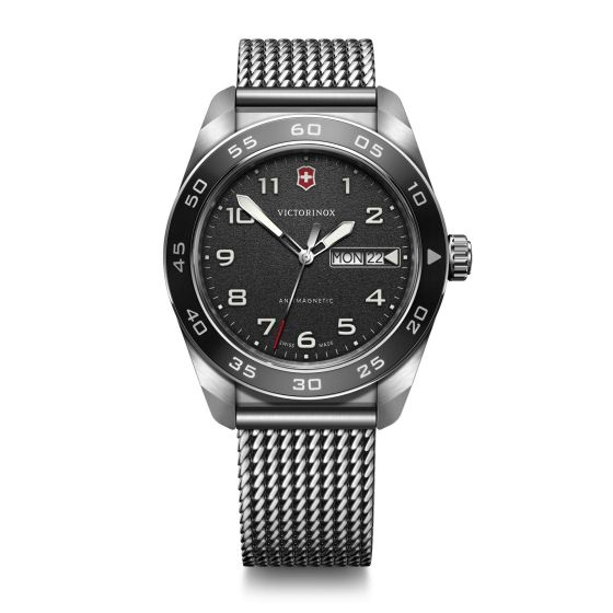 Mens Swiss Army Quartz Silver-Tone Stainless Stele Mesh Watch Black Dial