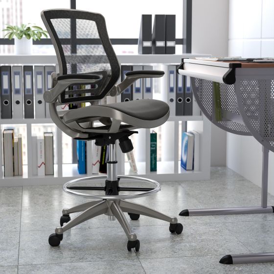 Black Mid-Back Mesh Drafting Chair with Graphite Frame and Flip-Up Arms