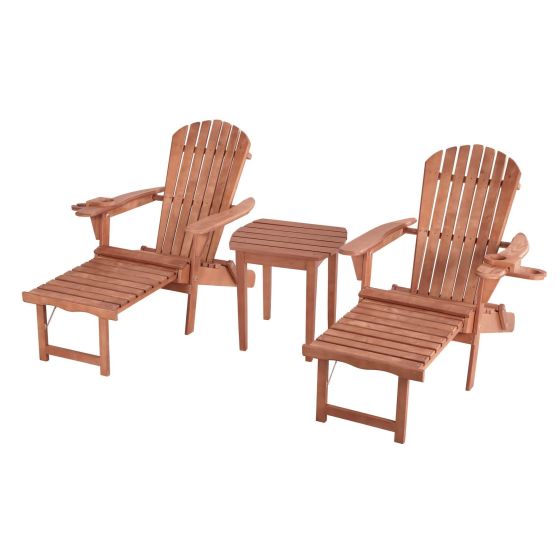 Oceanic Adirondack Chaise Lounge w/Ottoman & Beverage Holder, Set of 2 & End Table - Walnut