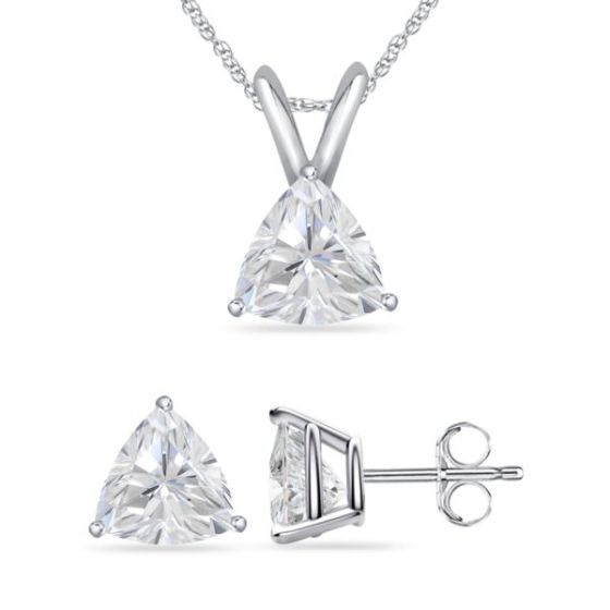 Bright White Pinnacle Trillion Lab Grown Diamond Pendant-Stud Set, 14K White Gold 1.90ct, GH, VVS