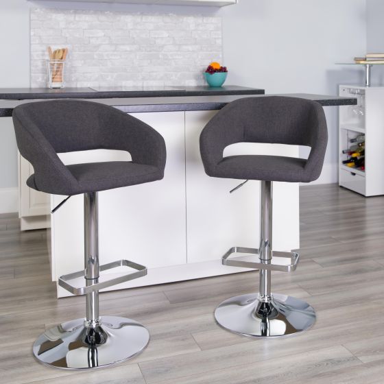 Charcoal Fabric Adjustable Height Barstool with Rounded Mid-Back and Chrome Base