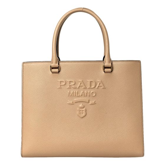 Prada Saffiano Sabbia Sand Beige Lux Logo Embossed Medium Shoulder Tote Handbag