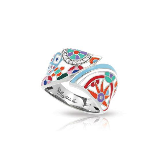 Belle Etoile Pashmina - Sterling Silver, Multicolor Enamel, White CZ Ring Size #7