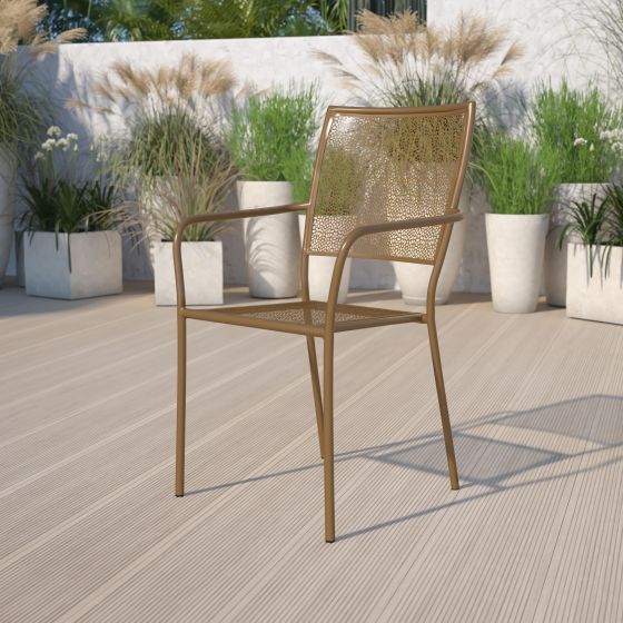 Gold Indoor-Outdoor Steel Patio Arm Chair with Square Back - Bistro Chair