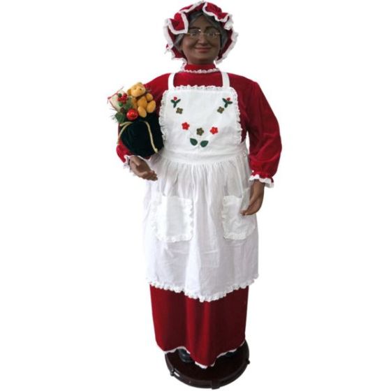 58-In. African American Dancing Mrs. Claus with Apron and Gift Sack, Animated Indoor Christmas Holid