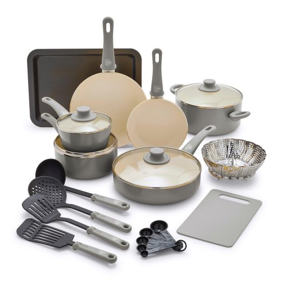 18pc Soft Grip Healthy Ceramic Nonstick Cookware Set Quartz Gray
