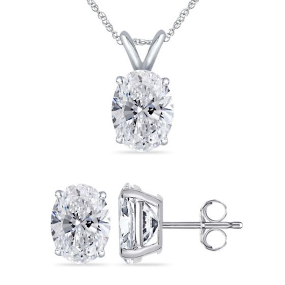 Bright White Pristine Oval Lab Grown Diamond Pendant-Stud Set in 14K White Gold 1.20ct, GH, VS