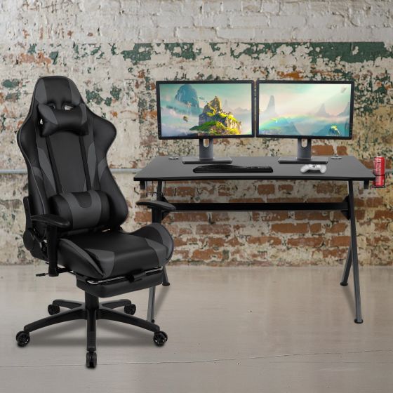 Black/Gray Gaming Desk Set - Cup/Headset Holder/Reclining & Footrest