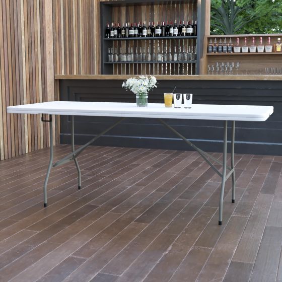 6-Foot Bi-Fold Granite White Plastic Banquet and Event Folding Table with Handle