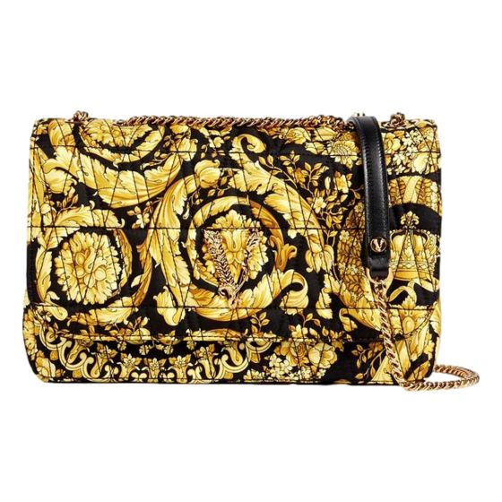 Versace Virtus Barocco Print Quilted Silk Shoulder Bag Black Gold
