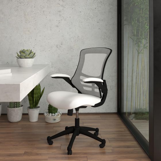 Mid-Back White Mesh Swivel Ergonomic Task Office Desk Chair with Flip-Up Arms