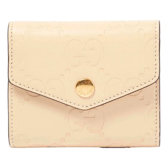 Gucci Gilbert GG Embossed Calf Leather Beige Trifold Wallet Gold Logo