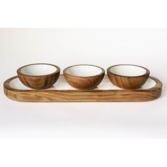 Jeanne Fitz Wood + White Collection Acacia Wood 3 Dipping Bowls and Tray